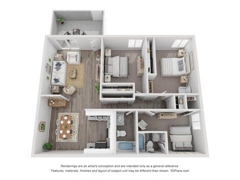 Floor plan for 3 beds, 2 baths, 1168 sqft